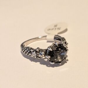Mermaid Silvertone Ring with Black Stone -Sz 8